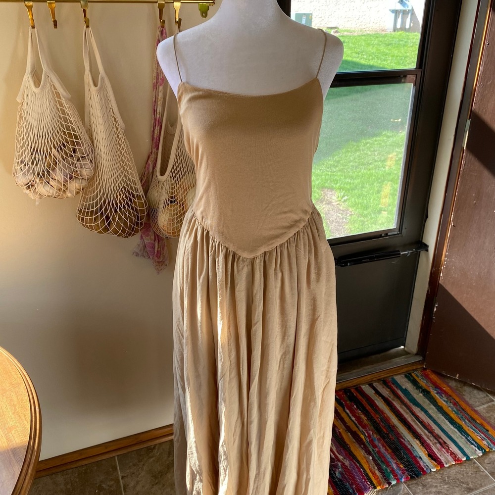 Commense Basque Waist A Line Tan Maxi‎ Dress XL Flowy Summer Beach Femme Boho - Picture 3 of 8